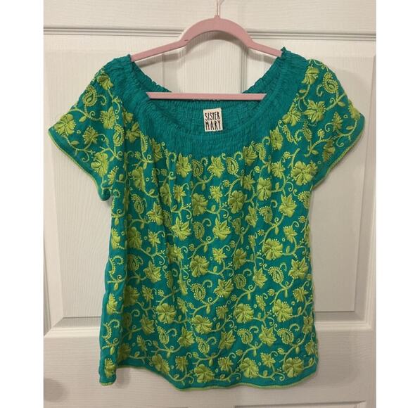 Sister Mary Claudia Floral Short Sleeve Embroidery Green Boho Blouse, S - Picture 1 of 6